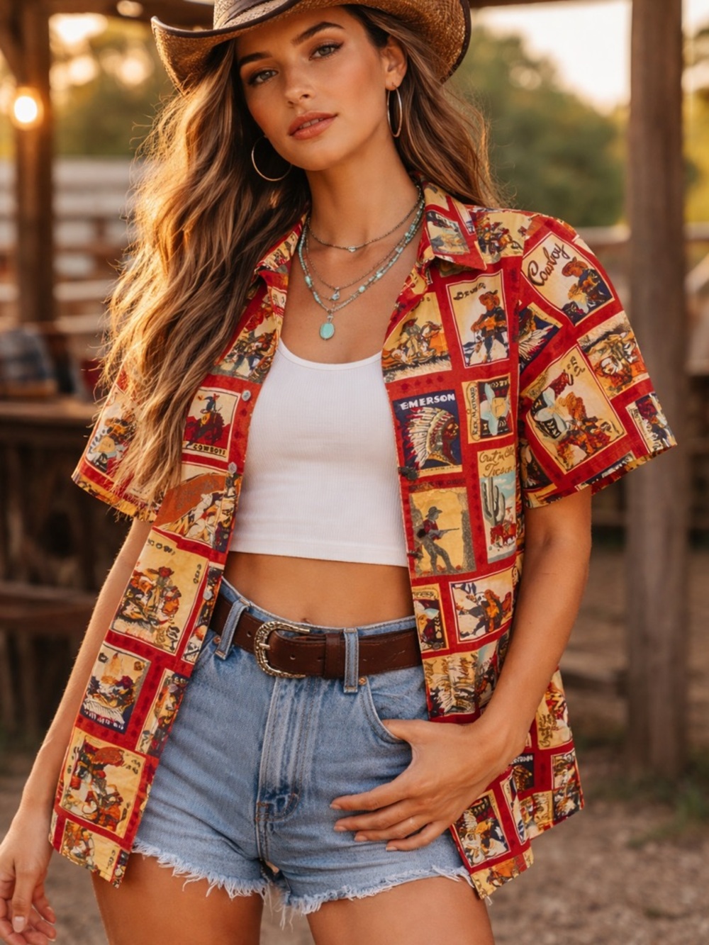 Vintage Western Cowboy Print Button Up Shirt XL Metal Boot Buttons Rodeo Cowgirl